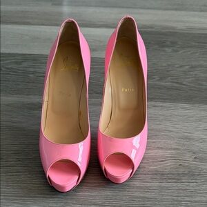 Christian Louboutin Pink Patent Leather New Very Prive Peep Toe Platform Pumps